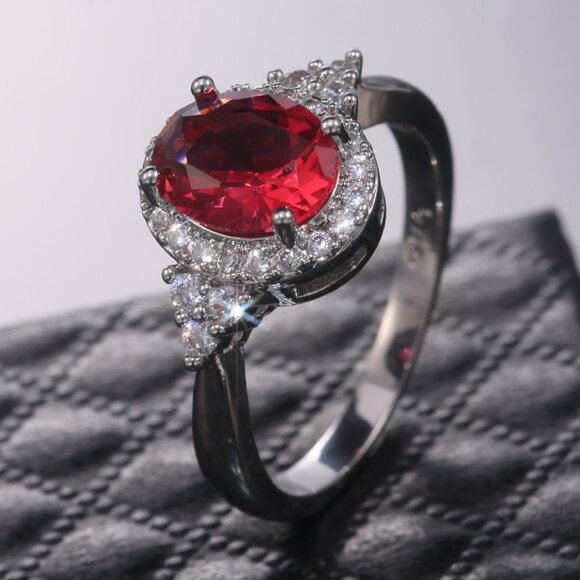 Refine Oval Shiny Red Zircon Ruby Rings for Women, PD321 - Picture 1 of 5